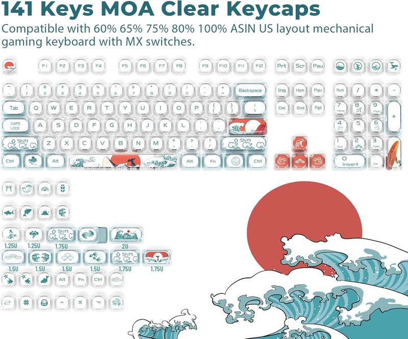 GMKWTL أغطية مفاتيح لوحة المفاتيح الشفافة XVX، أغطية مفاتيح Kanagawa MOA بنسبة 75 بالمئة، 141 مفتاح لأغطية لوحة مفاتيح شفافة للكمبيوتر، مجموعات أغطية مفاتيح متألقة للوحة المفاتيح الميكانيكية مع مفاتيح MX - Image 5